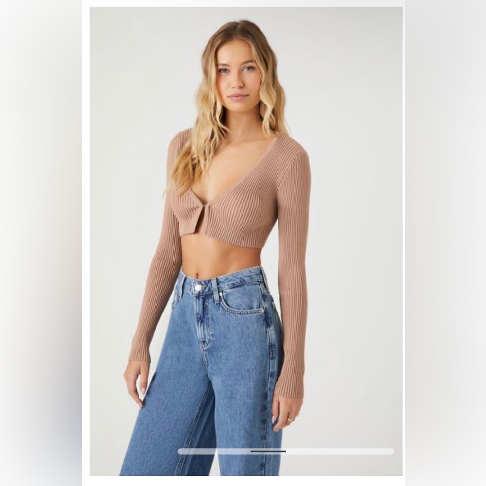 FOREVER 21 Nude Beige Tan Camel Cropped Ribbed Cardigan Sweater Top Shirt Sz M - Picture 3 of 16